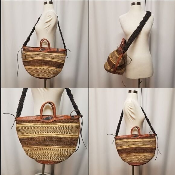 Handcrafted African Woven Sisal Kilim Crossbody Shoulder Bag with Leather Trims - Picture 1 of 8
